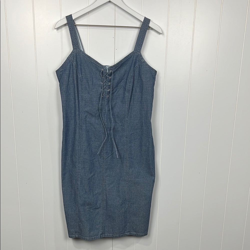 Faded Glory Womens Mini Sundress 10 Blue Chambray Lattice Tie Front Zip Back EUC